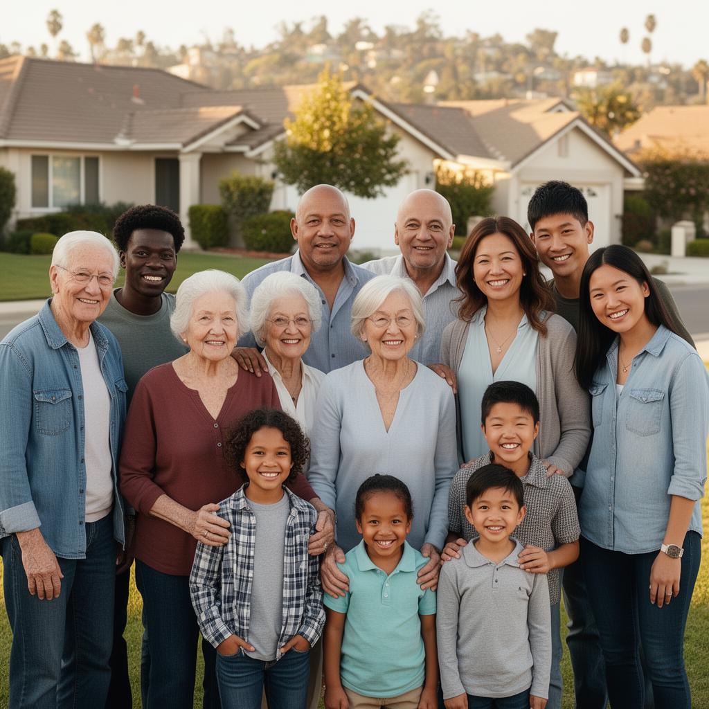 Diverse American families in a California neighborhood