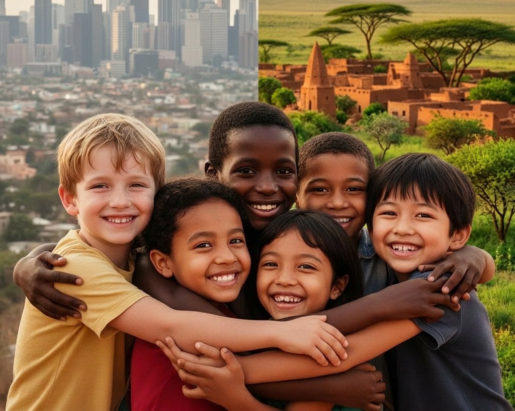 Children from the United States and East Africa embracing, with city skylines in the background